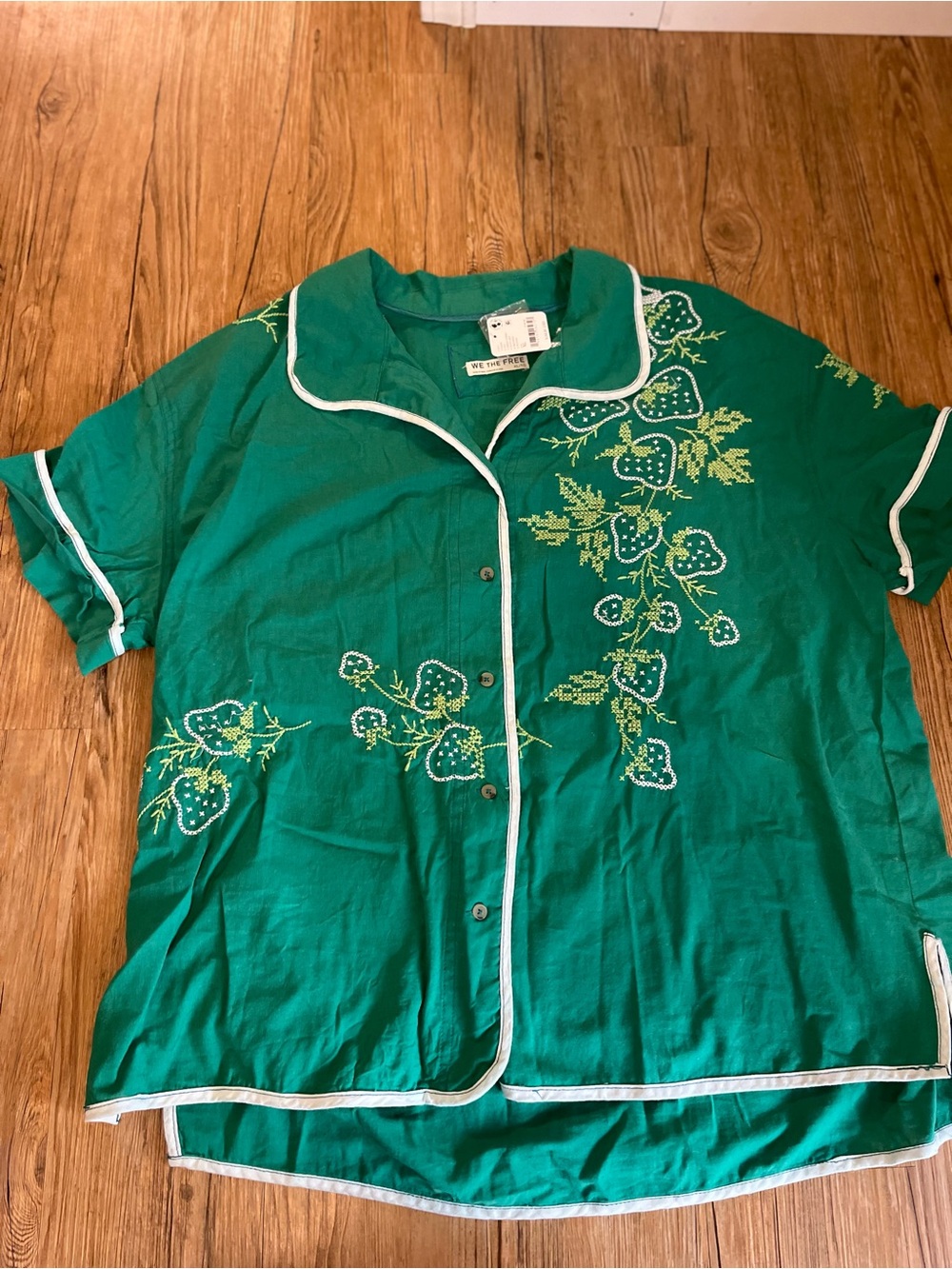 Free People Strawberry Shirt NWT New  Embroidered Vintage Oversized Womens XL